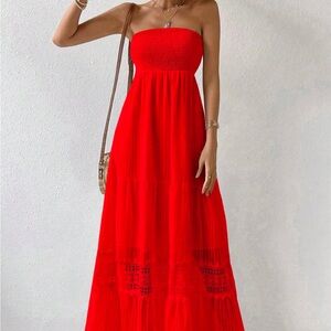 SHEIN Women's Solid Color Shirred Strapless Maxi Dress. Large.